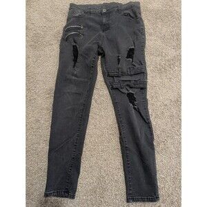 Women's black distressed skinny jeans zippers and straps stretchy 2XL 34" Waist